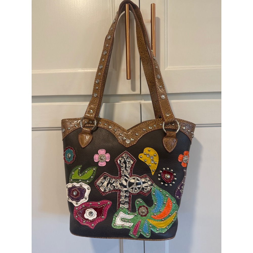 Western Cross Peace Sign Studded Shoulder Bag and Wallet Set Brown rodeo cowgirl